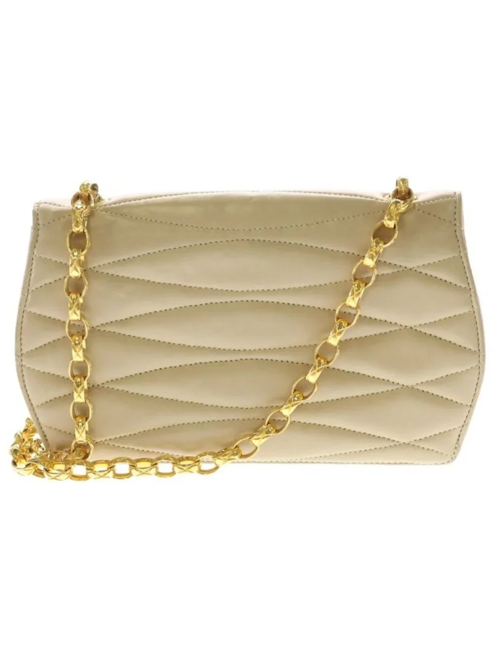 Chanel CC Logo Pearl Vintage Chain Shoulder Bag Beige Leather Gold
